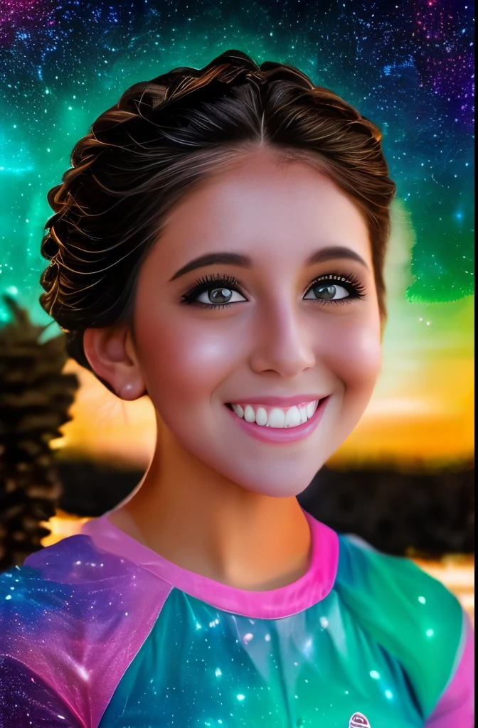 High detail, super detail, super high resolution, girl enjoying her time in the dream galaxy, surrounded by stars, warm light sprinkled on her, background is starry sky with colorful galaxies and galaxy clouds, stars flying around her, delicate face, adding playful atmosphere ,
