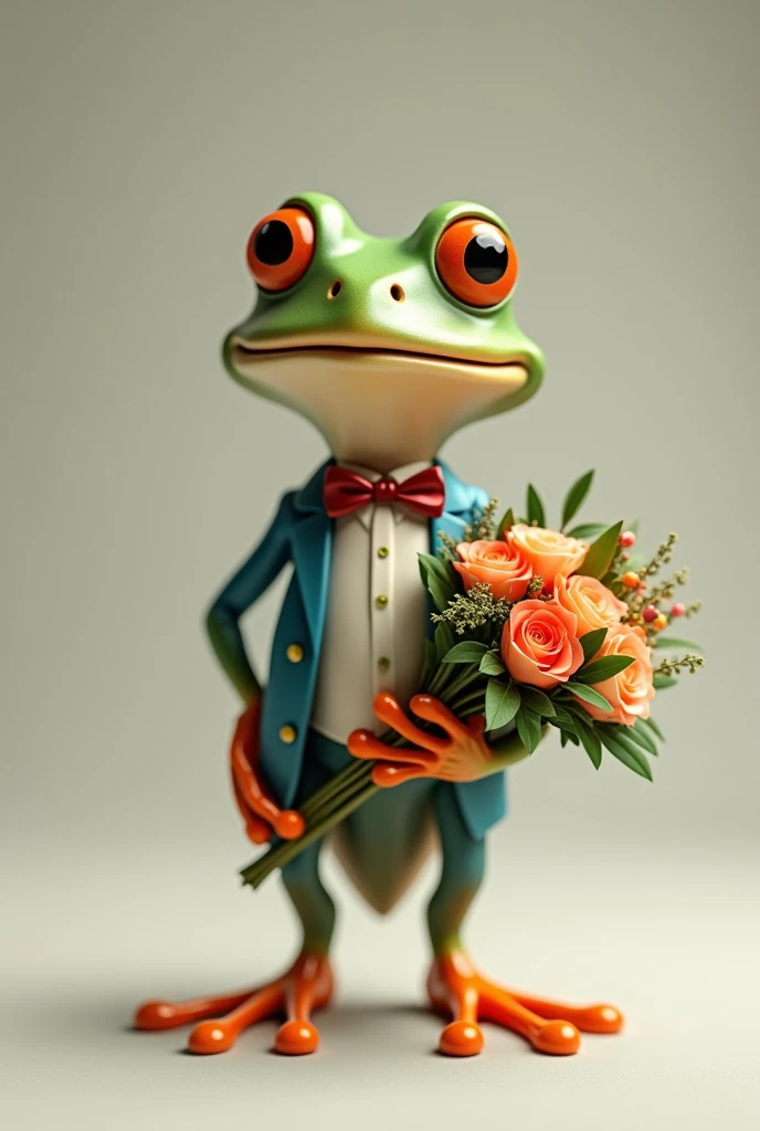 The frog is holding a large bouquet in his right hand,Wearing a bow tie,Frog smiling,The figure is slim,Handsome