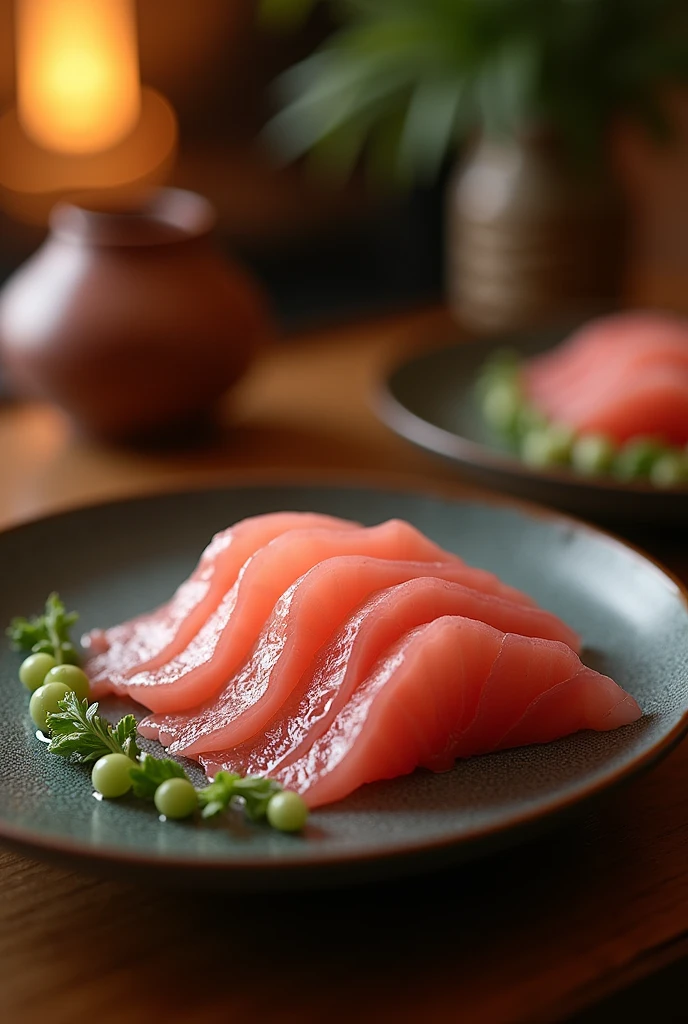 Interior, soft lighting, intricate details, warm colors, squid sashimi