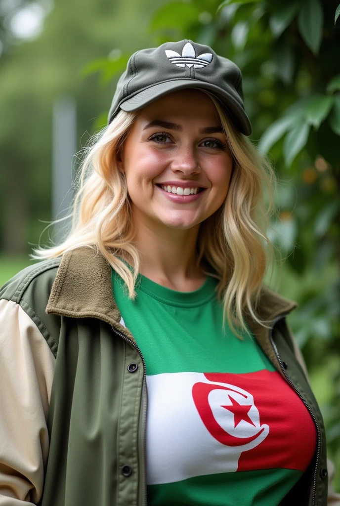 Close up, blonde, plump woman . Letterman jacket, Adidas hat, Algerian flag t-shirt in green and white, green nature background 