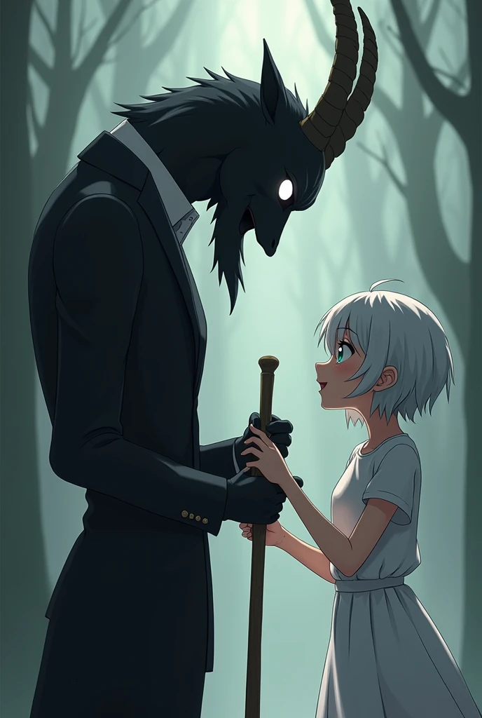Anime Style Characters:
On the right is a large, dark figure resembling an anthropomorphic goat with demonic features.. It has a completely black body, delgado, and no visible facial details, except for his bright white eyes that stand out on his gloomy face. Its head has two long, twisted horns that give it a disturbing and mysterious appearance.. He is dressed elegantly, as if wearing a dark suit, Although its details blend with its black figure.
at your side, There is a young adult woman, with blue right eye and green left eye, short white hair. She is dressed in a simple white dress and her expression is cheerful and curious.. She is sitting on the ground and seems to extend her hand towards the dark figure., interacting with him in a friendly and fearless manner, which contrasts sharply with the sinister appearance of the creature.
action:
The dark figure holds in one hand a long, thin stick or branch that is being touched by the girl., as if exploring or playing with it. This interaction suggests a relationship of closeness and trust between the two., Despite the creature's terrifying appearance.