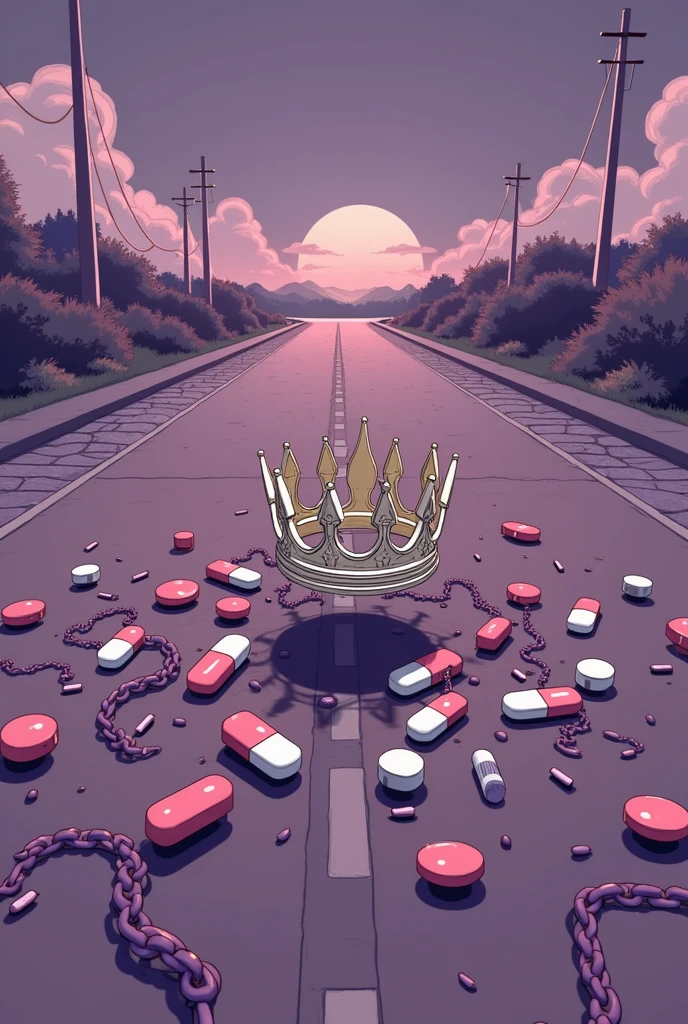 Purple chain thrown on a road, a white crown floating centered on the currents, medicine pills thrown on the road,