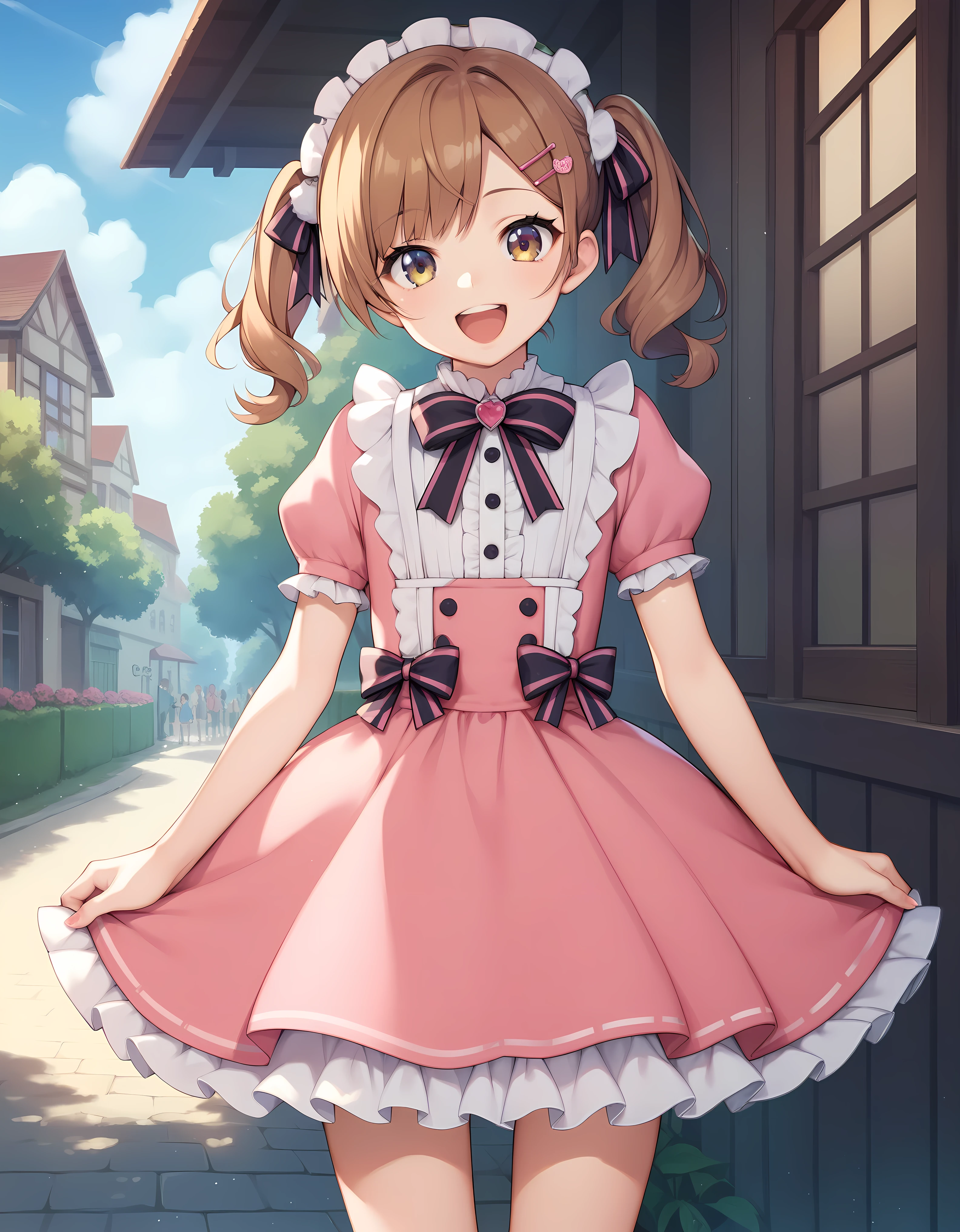 (masterpiece:1.2), best quality, highres, original, (extremely detailed:1.2), ultra-detailed, wallpaper, perfect lighting,(extremely detailed CG:1.2), 8k, anime illustration, HD, cute, kawaii, 1boy, crossdressing, solo, tomgirl, (brown hair, open the mouth, laughing, happy, hairclip:1.1), (ta Fashion, short sleeves, pink dress, mini dress, delicate dress, ruffles hemline, ribbon on dress, flat chest, breastless:1.2), thighs, standing, looking at viewer, frontal, outdoor, sunny