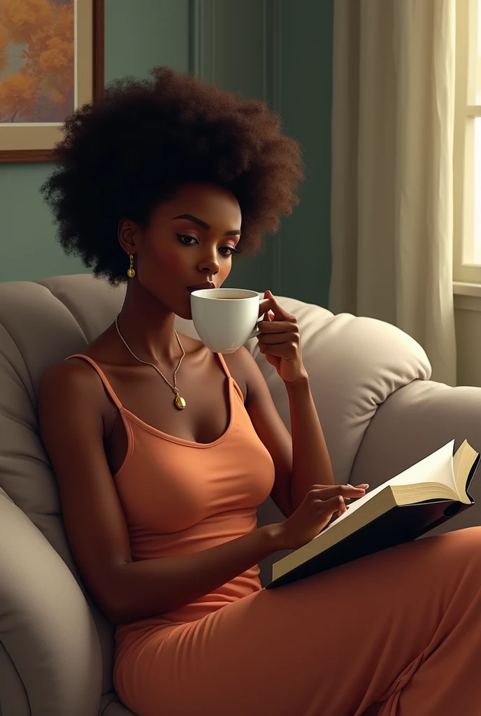 A black woman sitting on a couch with a cup of coffee reading a book and saying Saturday mode activated