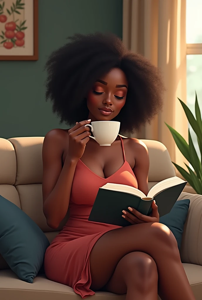 A black woman sitting on a couch with a cup of coffee reading a book and saying Saturday mode activated
