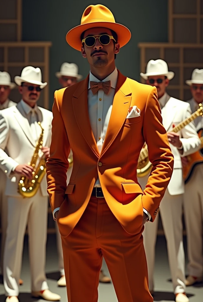 man in zoot suit in front of band in all white