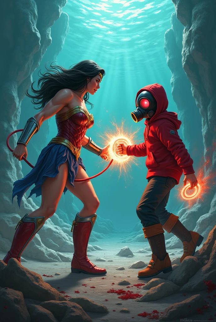 Wonder woman, big breasts, perfect body, Busty & kid Star-Lord with red hoodie, Rocket boots, headphones, star-lord helmet, gas helmet, Covered mouth, Round & red eyes, ocean floor, underwater, Fighting with Shark, power, blood, Kick, Attack, magic rings in the hands, Fighting, power, fiction, full body, 2 persons, magic lasso, hight, fall, fire in boots, poweful spells, realistic, helmet, mask, float, war, kill, dead, wound