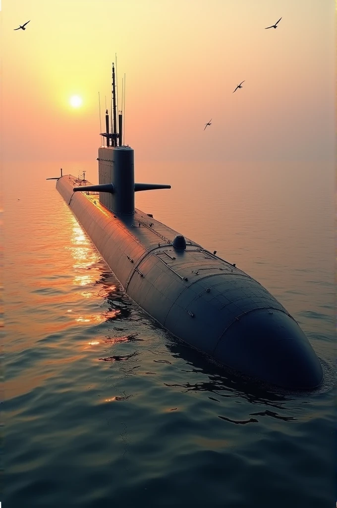 "Create an image of INS Arighat, India's advanced nuclear-powered ballistic missile submarine. The submarine should be depicted submerged just below the water’s surface, showcasing its sleek and powerful design. The hull should be dark, nearly black, with subtle detailing that hints at its advanced technology and stealth capabilities. The submarine should be slightly angled to highlight its length and the missile hatches on the top. The surrounding water should be calm, with the sun setting in the background, casting an orange glow over the scene. Above the surface, a few birds might be visible, emphasizing the quiet and undetectable nature of the submarine. The overall mood of the image should convey strength, stealth, and strategic importance."