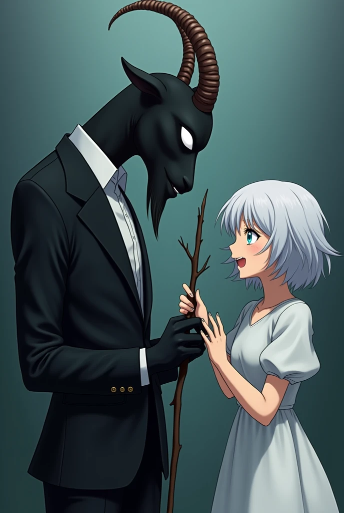 Anime Style Characters:
On the right is a large, dark figure resembling an anthropomorphic goat with demonic features.. It has a completely black body, delgado, and no visible facial details, except for his bright white eyes that stand out on his gloomy face. Its head has two long, twisted horns that give it a disturbing and mysterious appearance.. He is dressed elegantly, as if wearing a dark suit, Although its details blend with its black figure.
at your side, There is a young adult woman, with blue right eye and green left eye, short white hair. She is dressed in a simple white dress and her expression is cheerful and curious.. She is sitting on the ground and seems to extend her hand towards the dark figure., interacting with him in a friendly and fearless manner, which contrasts sharply with the sinister appearance of the creature.
action:
The dark figure holds in one hand a long, thin stick or branch that is being touched by the girl., as if exploring or playing with it. This interaction suggests a relationship of closeness and trust between the two., Despite the creature's terrifying appearance.