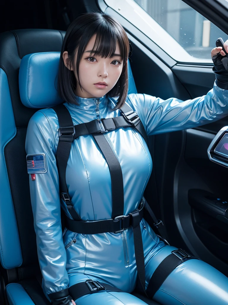 Japanese female android,Black Hair,Space capsule,The person is completely secured in the seat with the backrest reclined by a thick harness belt.,Plump,Wide-legged squats,Light blue shiny robot suit,Surrounded by switches and monitors,