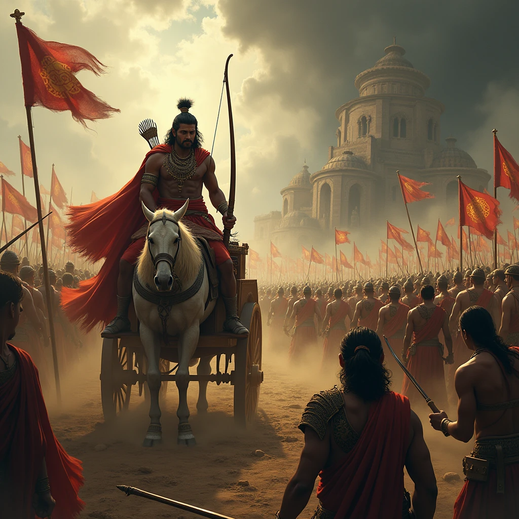 Create a powerful scene on a battlefield where Arjuna, with a distressed and conflicted expression, is standing in his chariot, gazing at the vast army of warriors, both friends and family members. Surround the battlefield with flags of different houses fluttering in the wind, symbolizing the clans involved in the war. The environment is filled with dust and tension, with warriors in traditional armor ready for battle. In the background, depict the crumbling remnants of societal structures, fading images of family traditions, and rituals, signifying the destruction of kuladharma (family duties) and jātidharmāḥ (societal duties). Krishna, standing beside Arjuna, exudes a calm yet serious demeanor, emphasizing the gravity of the situation. The overall atmosphere should convey a sense of impending doom, with dark, stormy skies, adding to the intensity of Arjuna’s inner turmoil.