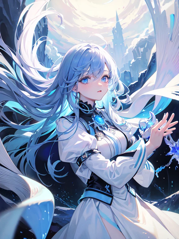 Iris heterochromatic、beautiful、ephemeral、Silver Marble Skin、hope、Highest quality、masterpiece、landscape、Magical atmosphere、Blue theme、Extend your hand to the sky、Sunken eyes、General people、Dark atmosphere、White background