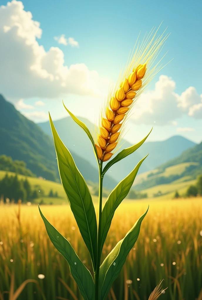 Create an image that represents the growth of a barley plant thanks to the sun and rain of the highlands.
