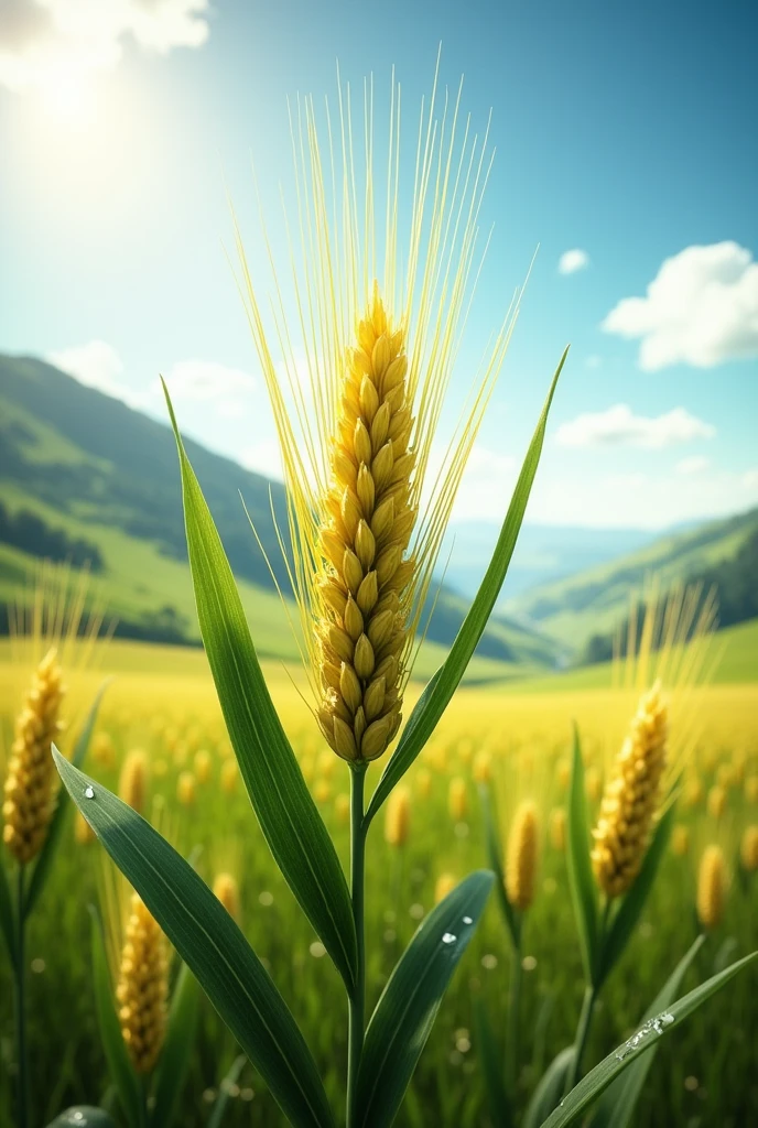 Create an image that represents the growth of a barley plant thanks to the sun and rain of the highlands.