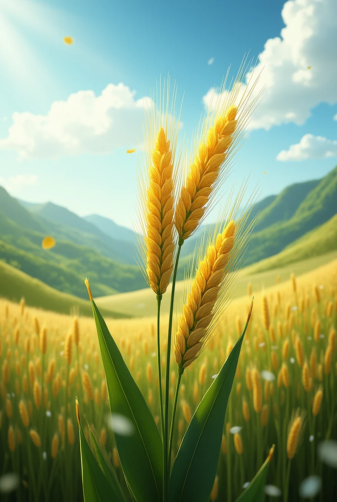 Create an image that represents the growth of a barley plant thanks to the sun and rain of the highlands.