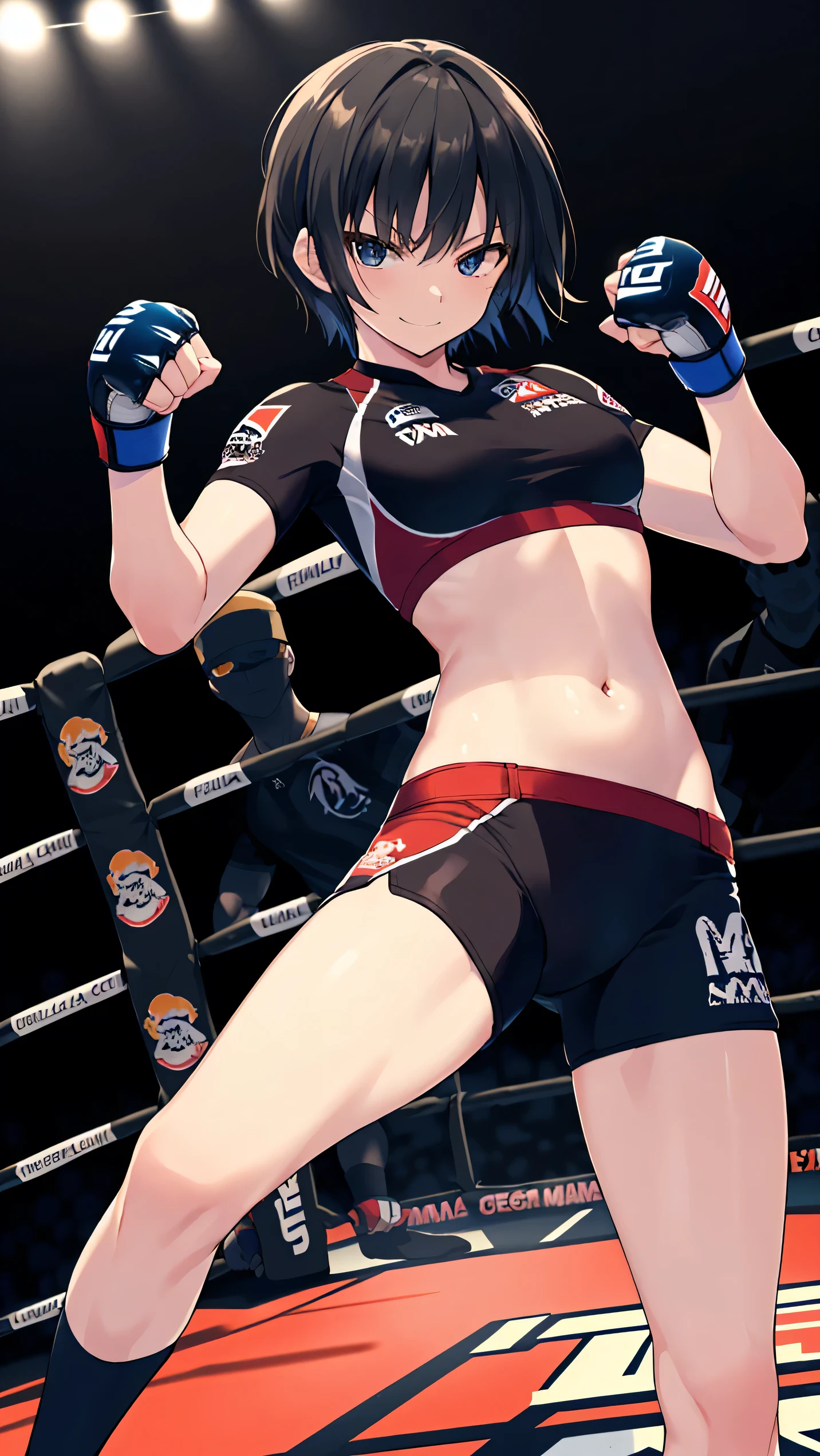 nanasaki, nanasaki ai, ai nanasaki, ((top-quality,8K,Masterpiece)), Full body shot, Toned stomach, (on MMA Arena :1.5), (wearing MMA uniform:1.5, tight tops and tight bottoms:1.3), thigh, belly button, smirking, Sharp focus: 1.2, Highly detailed face, Highly detailed eye, Professional Lighting,