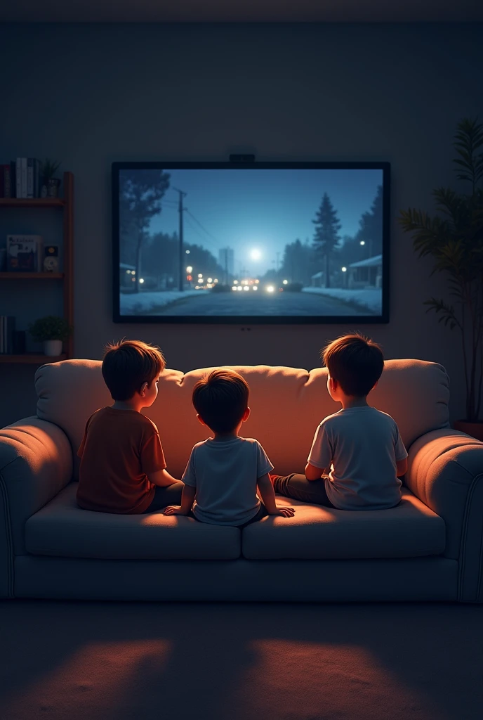 4 houng boys  setting a sofa and watching movies and lights off the room


