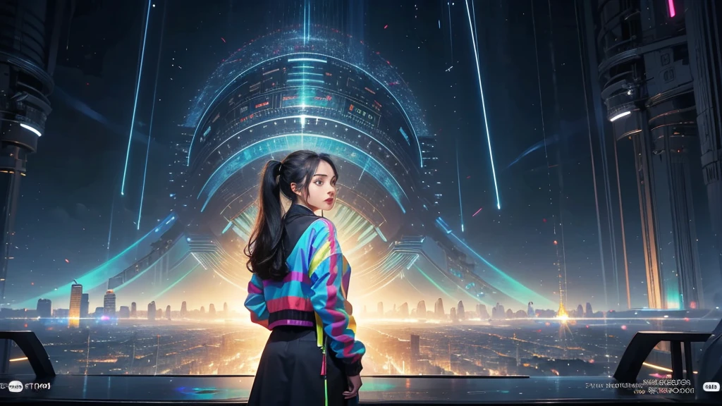 A close-up of Ruby, a young Javanese woman with long hair in a high ponytail, age 24, wearing a green-striped jacket. She is standing in front of a holographic map displaying strategic points, her expression serious and determined, with a futuristic city in the background.