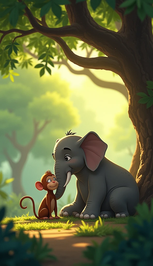 A peaceful scene at the end of the story, where Kavi, the monkey, has calmed down and is now sitting beside Arjun under the banyan tree. Both characters are relaxed, with Arjun lying down and Kavi sitting quietly, mimicking Arjun’s calm demeanor. The scene is bathed in soft, warm light, with the jungle in the background appearing serene and still. The image symbolizes the harmony and peace achieved through calmness and understanding. Arjun is an elephant 