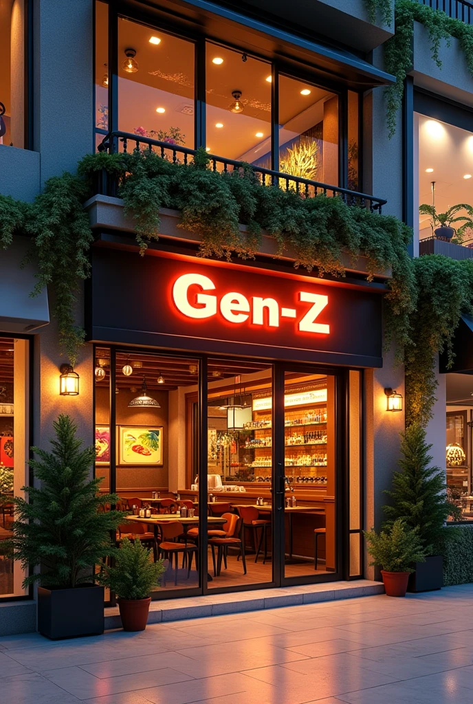 a resturant name (GEN-Z) in the 3rd floor of a mall which is warmly decorated
show the outter view whith the restuarant name (GEN-Z)