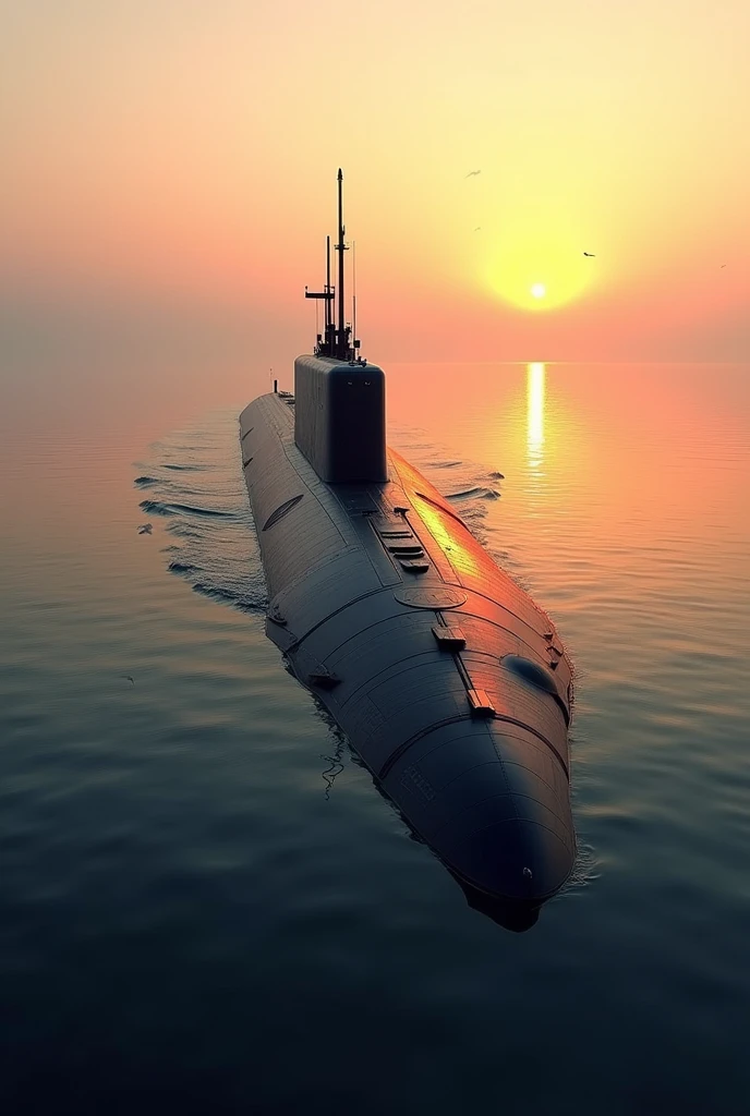"Create an image of INS Arighat, India's advanced nuclear-powered ballistic missile submarine. The submarine should be depicted submerged just below the water’s surface, showcasing its sleek and powerful design. The hull should be dark, nearly black, with subtle detailing that hints at its advanced technology and stealth capabilities. The submarine should be slightly angled to highlight its length and the missile hatches on the top. The surrounding water should be calm, with the sun setting in the background, casting an orange glow over the scene. Above the surface, a few birds might be visible, emphasizing the quiet and undetectable nature of the submarine. The overall mood of the image should convey strength, stealth, and strategic importance."