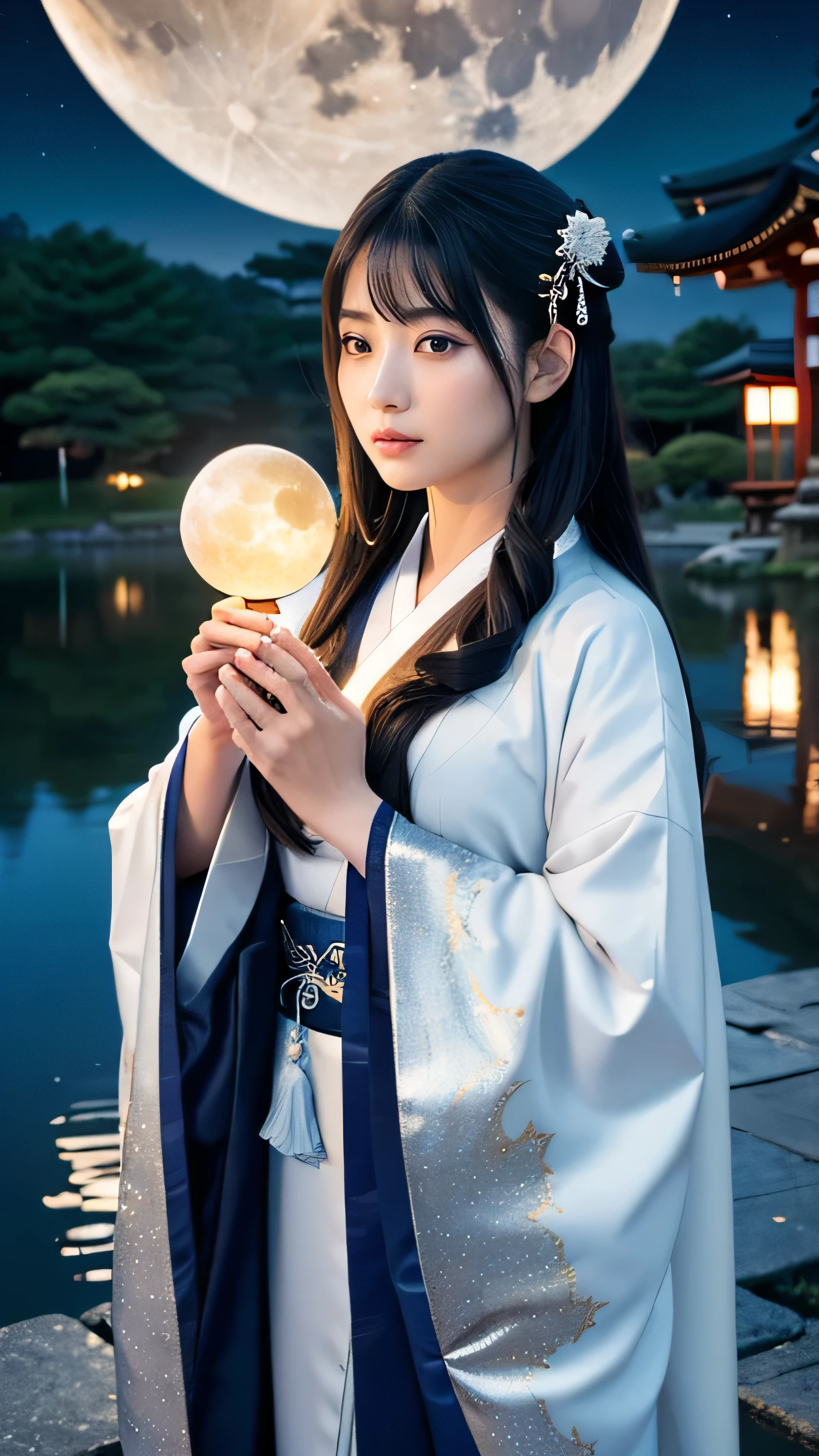 **Prompt:** Create an ultra-realistic 8K image of Tsukuyomi, the Japanese moon god, depicted in the ultimate embodiment of Japanese mythology while retaining the deity's iconic features. Tsukuyomi is portrayed with an ethereal and divine presence, her pale, luminous skin reflecting the soft glow of the moon. Her long, silver hair flows gracefully, shimmering like moonlight on water, adorned with delicate silver ornaments that represent the phases of the moon.

She is dressed in a traditional, intricately detailed kimono that symbolizes her celestial origins. The kimono is a deep midnight blue, adorned with patterns of crescent moons, stars, and subtle waves that echo the serene night sky. The fabric seems to shimmer and move as if alive, creating an otherworldly effect. Her obi is tied in an elegant knot, with silver tassels that sway gently, reminiscent of the moon's gentle pull on the tides.

Tsukuyomi’s eyes are deep and reflective, filled with the wisdom and mystery of the moon, and her expression is calm and composed, exuding a serene and timeless beauty. She holds a ceremonial fan in one hand, its surface decorated with ancient symbols and celestial motifs, and in the other hand, she holds a delicate, glowing orb representing the moon itself.

The background is a mystical landscape steeped in Japanese mythology—a moonlit forest with ancient, towering trees, their leaves rustling softly in the night breeze. A tranquil pond reflects the moon’s light, adding to the serene and sacred atmosphere. In the distance, a torii gate stands as a passage between the mortal world and the divine.

This image captures Tsukuyomi as the ultimate figure in Japanese mythology, blending her celestial and divine nature with the rich cultural and spiritual heritage of Japan.