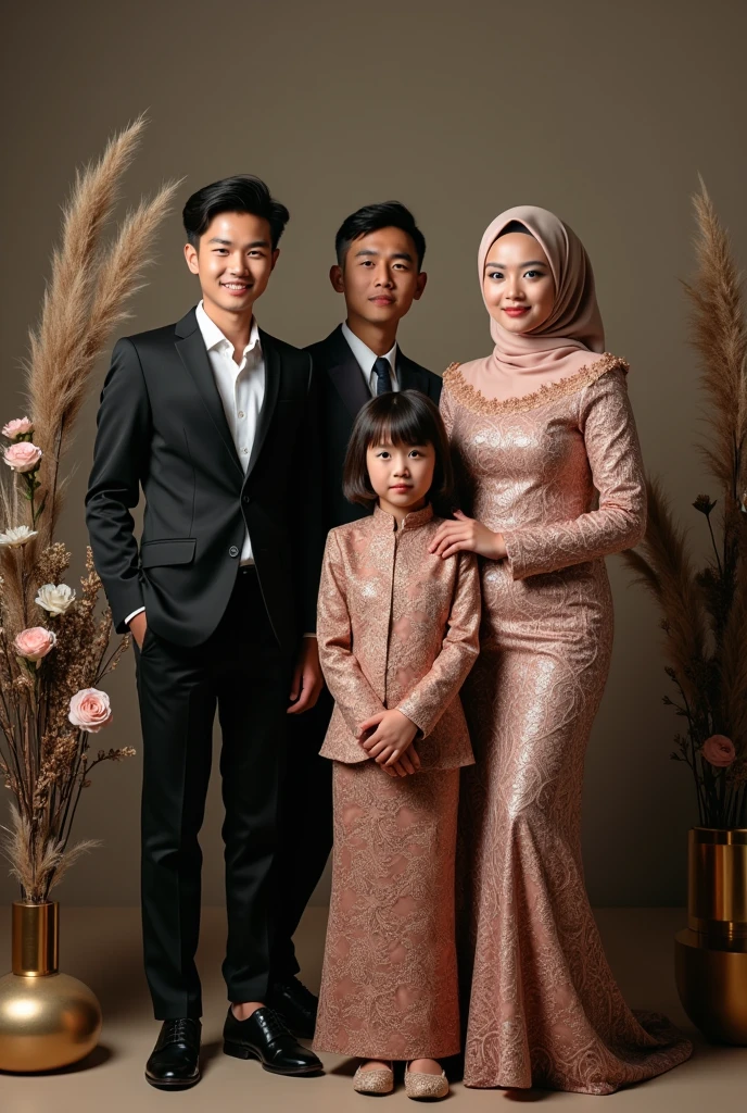 Portrait of young Indonesian man 18 years old wearing a suit and young Indonesian woman 1 wearing a luxurious kebaya and hijab and a man wearing a suit and a girl wearing a luxurious kebaya and hijab sitting in a photo studio room,there are flower decorations
