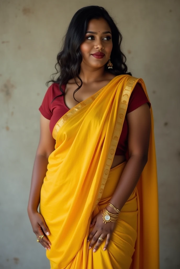 A curvy srilankan women 3 wearing a yellow saree and red sleeveless blouse 