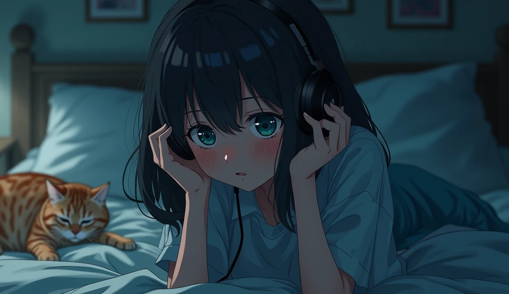 Perfect image, 8k、night、dim、high school girl、Mature、sweat、Using headphones、bed、Cat、 2D-style animation, Lo-Fi、Retro、Anime style illustrations