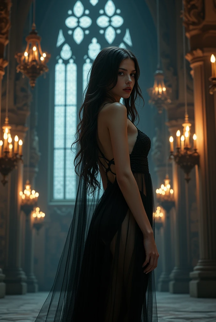 A beautiful gothic vampire girl, beautiful face. sexy transparent dress. thin body, voluptuous and exuberant.  convent, Shadow Crypt.  Many candles around. Chandeliers.  Cathedral glass windows. dim lighting. medieval gothic style. 1:1 hyperrealistic,  cinematographic,  4k high resolution, masterpiece, necessary, Awarded many times, The best quality, 