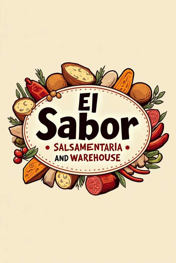 The image is a logo with a striking and colorful design. In the center of the logo, the name stands out *"El Sabor Salsamentaria and Warehouse"* in a large, modern font. The text is prominent, with a style that combines the traditional with the contemporary.

Surrounding the central text, There are various visual elements that represent food products such as cheese., fast food breads, yogurts and sausage. These elements are arranged in a balanced manner., forming a frame that emphasizes the culinary theme of the logo.

The colors of the logo are warm and appetizing, with tones that evoke the freshness and quality of the products. The overall design suggests that this is a store or business specializing in food., particularly in dairy products and processed meats. The combination of images and text reinforces the brand&#39;s identity as a place where you can find essential ingredients for quick and delicious meals.. Bright colors that attract people