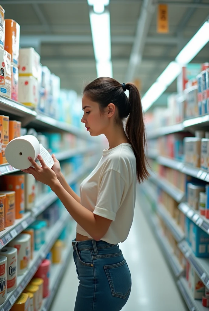 A frustrated girl trying to find eco-friendly toilet paper in the supermarket but only finds conventional toilet paper, The girl is reading the ingredients of toilet paper and they are not environmentally friendly at all.