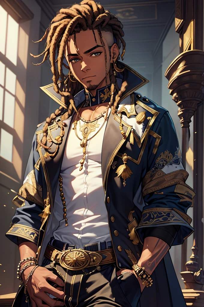 (masterpiece:1.2), (best quality), (ultra detailed), (8k, 4k, intricate),(half-body-shot:1), (highly detailed:1.2),(detailed background:1.2), facing the viewer, dynamic pose(hands in pocket pose), smirking, dreadlocks, dread hair, dreadlocks with beads, mixed halfwhite black man in fantasy roguish outfit wear, high detail, 3, buff, faded haircut , 8k, mystical, magical, ultra hd, realistic, vivid colors, He wears a blue trenchcoat and a tank top underneath. His trousers are pure white with a black cover over his right leg connected to one of his two belts. His shoes are a bright golden hue and large tattoos decorate a great deal of his body, including his chest and neck
highly detailed, UHD drawing