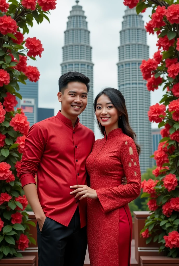 A photography of malay handsome man is wearing red baju melayu and a malay hujan women is wearing red kebaya dress.  The background is Malaysia flag, Petronas twin towers, hibiscus flora decor