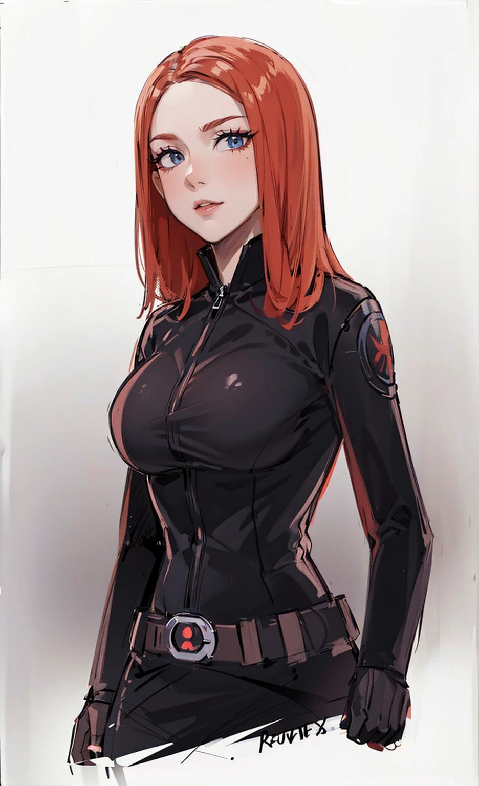 The image depicts Black Widow. She is illustrated with bright red, shoulder-length hair and blue eyes, and is clad in a sleek skin-tight shiny black latex bodysuit with a black silver zipper running down the front. The suit is complemented by her shiny iron wrist guard on both wrists and a metal belt with a buckle with a red hourglass mark. Her gaze is intent and directed off-screen, implying alertness and focus on an unseen threat or target. She appears with a cute smile on her face. The atmosphere of the image conveys confidence and resilience, characteristics synonymous with the Black Widow persona. The background of the image is an off-white color, which creates a subdued and timeless ambiance.