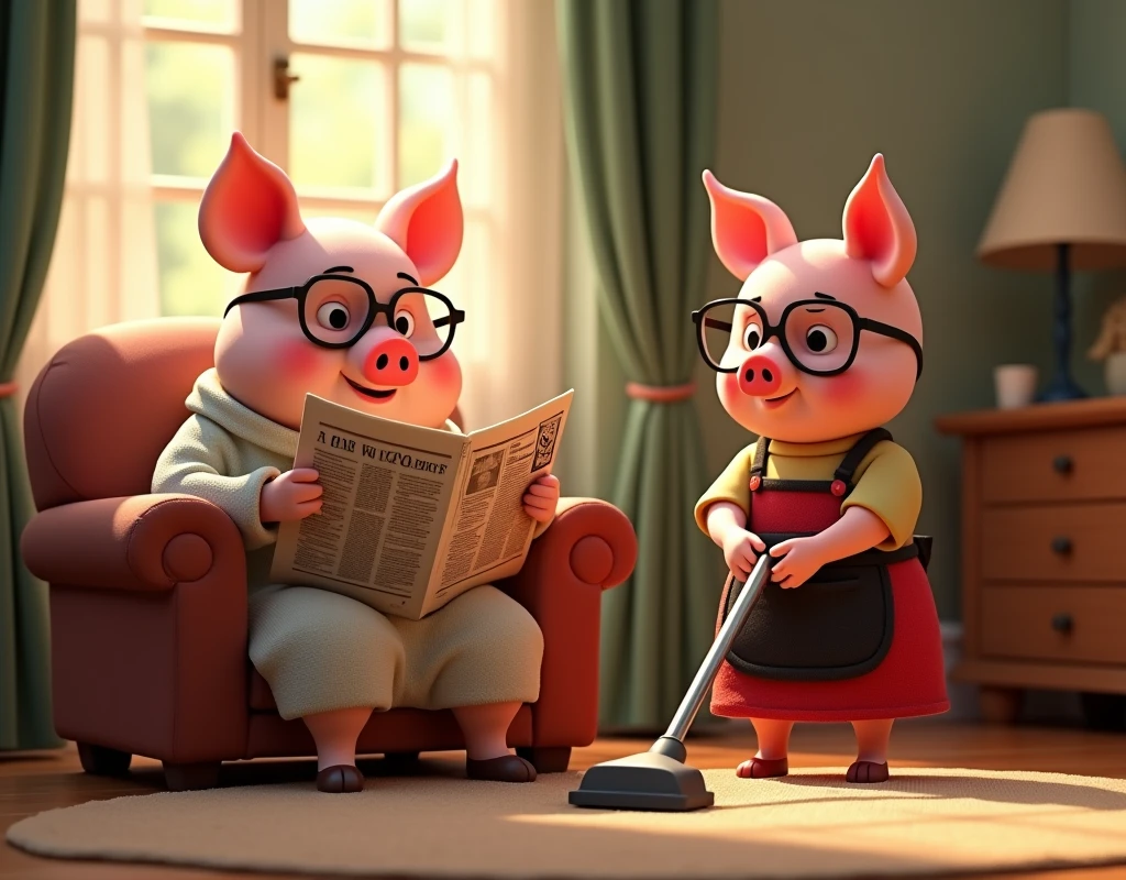 pixar style, 3d, 2 pigs, 1 cute father pig is on the left wearing glasses and house robe is sitting on the couch reading newspaper looking relaxed. On the newspaper there is a photo of a big bad wolf and the headline reads "BAD WOLF SPOTTED". On the right is 1 cute mother pig wearing glasses and long red dress and black apron is using the vacuum cleaner to clean the carpet, both are smiling and looking to the right, game button art, Game illustration, lovely digital painting, artstation for kids art, Official artwork, key art, mobile game art, cover game art, zootopia concept art, (soft lighting:1.3), (green and earthy color scheme:1.3), (highly detailed), (ultra quality:1.3), (masterpiece), (digital art), 8K resolution, HDR, depth of field, (soft shadows), (photorealistic:1.3), (animation:1.2), (by Greg Rutkowski:0.9), (in the style of Alphonse Mucha), trending on ArtStation, award-winning art, 3d style
