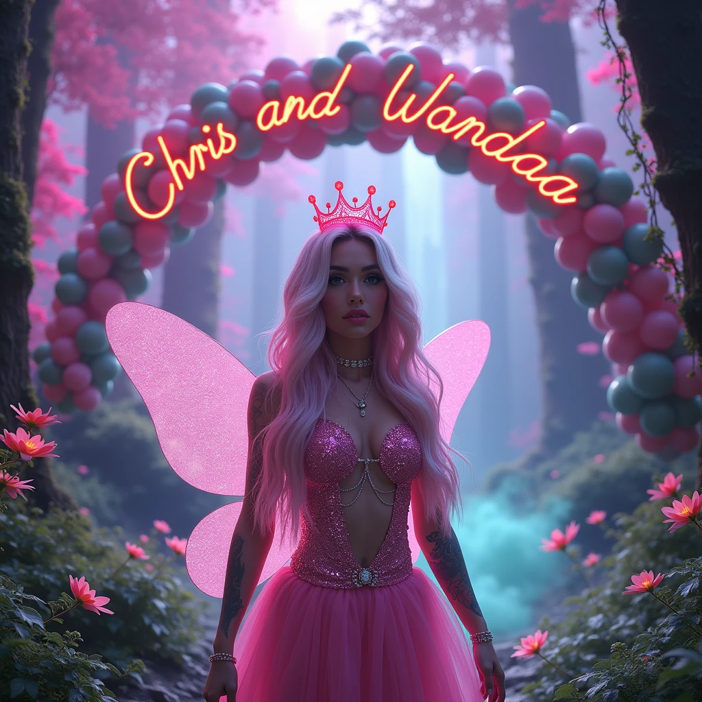 mystical and green and yellow pink neon glowing cosmo and Wanda forest, with a cloudy design mixed with glowing pink and green, with a large fairy crown, with smoking green and pink foggy floors, with a balloon arch that says "CHRIS AND DYNASTY" “Taken On: Canon 16-35mmt/4L —ar 16:9, a natural white female, with long wavy pink n white hair, mink lashes, diamond chain, plump pink lips, tattoos, flawless eyebrows, wearing a pink sparkly dress with sparkly fairy wings, waterfall in the background