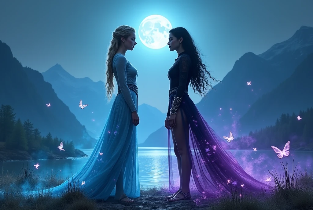 (Of the highest quality:1.8), (masterpiece:1.8), (Extreme Photo Realism:1.8), (ultra high resolution, 8k:1.8), (cinematic lighting:1.6), (divine sorceress:1.8), (Nordic warrior:1.8), Two powerful women, una Nordic warrior con cabello rubio trenzado y una hechicera con cabello negro ondulado, both standing facing each other, showing his authority and power. The warrior wears a suit of ethereal silk, with a luminous blue aura, while the sorceress wears a translucent black outfit, surrounded by a bright purple aura. The blue moon in the background illuminates the scene, with a hazy sky that adds mystery. The environment is a mystical landscape with majestic mountains, a quiet lake, and luminous vegetation, with bright butterflies floating in the air. (extremely precise details in hands, feet and faces:1.8), (Deep and elegant neckline:1.8), (Big, well-defined glutes and legs:1.7)