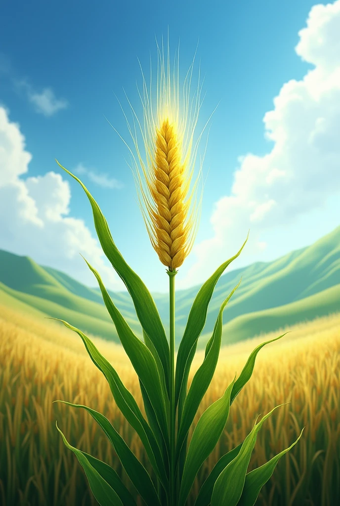 Create an image that represents the growth of a barley plant thanks to the sun and rain of the highlands., but that emphasizes the importance of rain and sun