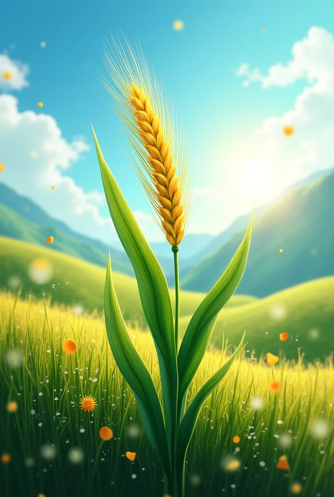 Create an image that represents the growth of a barley plant thanks to the sun and rain of the highlands., but that emphasizes the importance of rain and sun