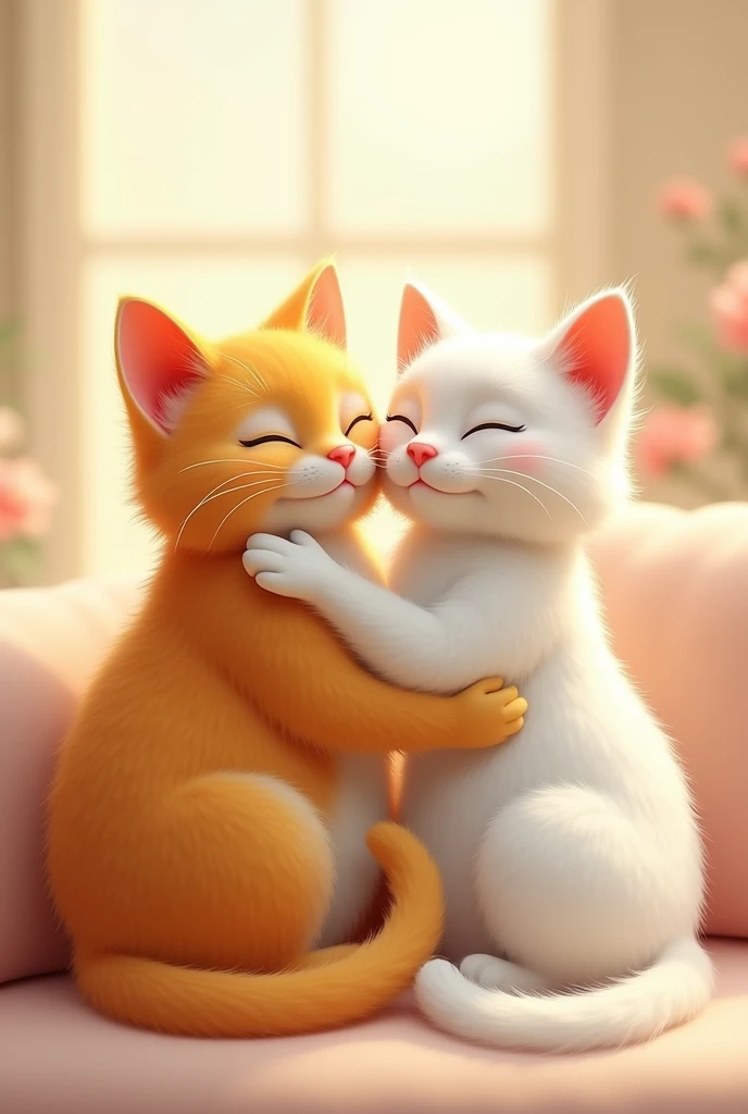 Yellow mother cat and white father cat love each other 