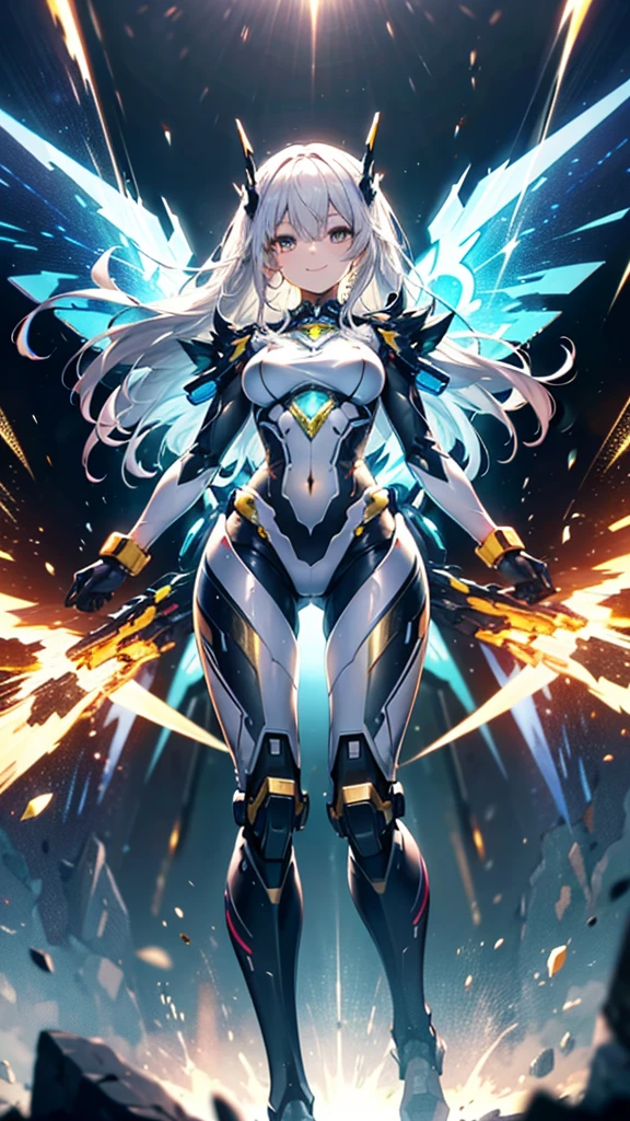 Long shining silver hair, dark colored eyes, slender figure, colorful mech suit, dynamic pose, levitation, light reflections, subtle crystal powers, cheerful expression, wide smile, bright smile, cinematic lighting, intricate details, vibrant colors, enchanting, elegant, energy and confidence, playful demeanor, big happy smile, golden eyes, gold shining eyes, stormy background, thunder background, top of a building, mech tight suit, mech wings