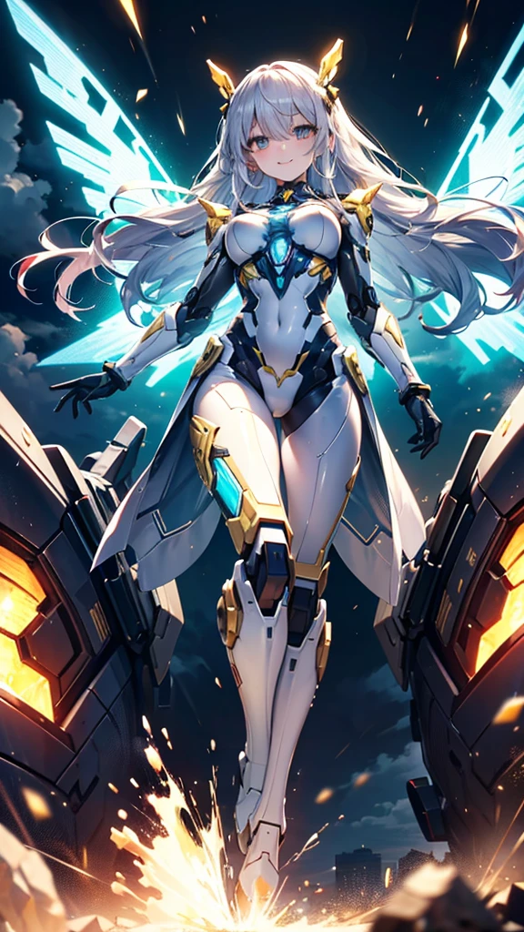 Long shining silver hair, dark colored eyes, slender figure, colorful mech suit, dynamic pose, levitation, light reflections, subtle crystal powers, cheerful expression, wide smile, bright smile, cinematic lighting, intricate details, vibrant colors, enchanting, elegant, energy and confidence, playful demeanor, big happy smile, golden eyes, gold shining eyes, stormy background, thunder background, top of a building, mech tight suit, mech wings