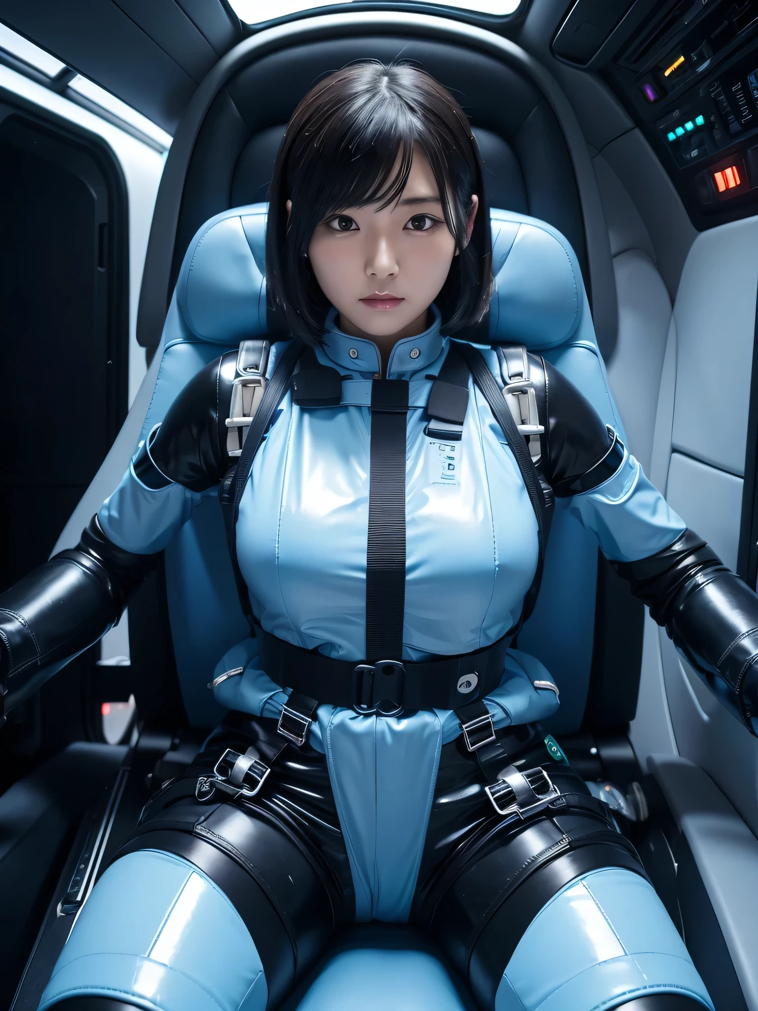 Japanese female android,Black Hair,Space capsule,The person is completely secured in the seat with the backrest reclined by a thick harness belt.,Plump,Wide-legged squats,Light blue shiny robot suit,Surrounded by switches and monitors,