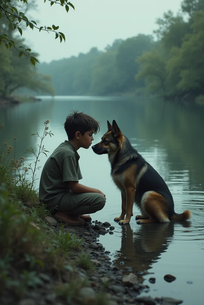 Boy crying next to his dog in a river
