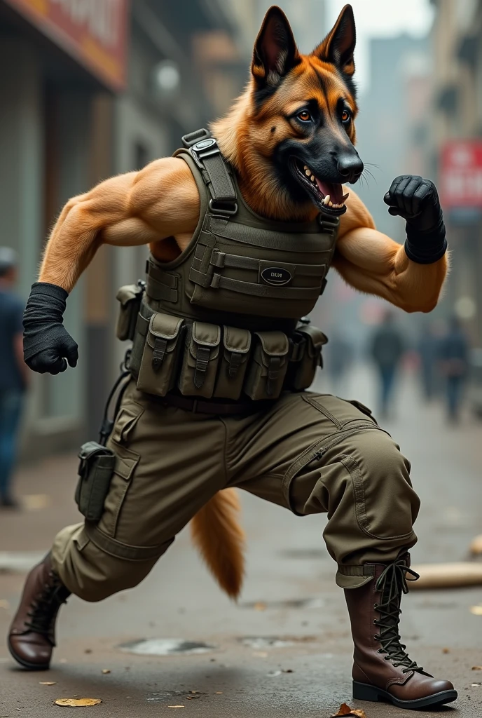 A German Shepherd. Wearing a Mercenary outfit. Doing a martial arts pose.  