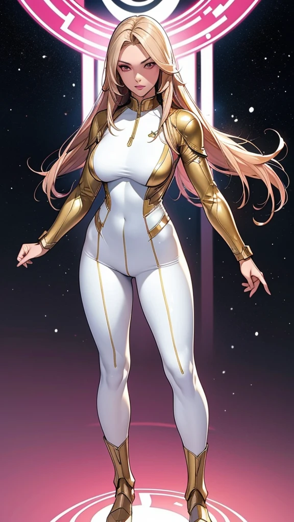 A athletic gorgeous woman, Normal breasts, Solo, White skin, Pink eyes, long blonde hair, wearing a skintight clothing army armor outfit with the colors white, black and gold, style super hero, standing, action pose, space uniform, Uniform tight to the body, no accessories, full body, black legs in the outfit