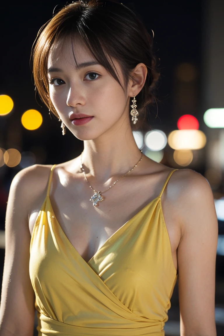 Charming woman,One person、((short))Braided Hair、((Light Brown Hair))、 (Wearing a yellow dress:1.2), necklace、Earrings、Beautiful Japanese actresses, (RAW Photos, Highest quality), (Realistic, Photorealistic:1.4), masterpiece, Very delicate and beautiful, Very detailed, 2k wallpaper, wonderful, finely, Very detailed CG Unity 8K 壁紙, Very detailedな, High resolution, Soft Light, Beautiful detailed girl, Very detailed目と顔, Beautiful and detailed nose, Beautiful and detailed, Cinema Lighting, break (Snowy night cityscape as background 1.3), City lights, (It's snowing:1.3), Perfect Anatomy, Slender body, ((Wearing glasses、Looking at a book、Library⦆、 (Knee to upper body),、