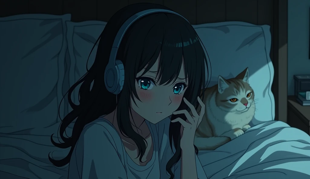 Perfect image, 8k、night、dim、high school girl、Mature、long hair、sweat、Using headphones、bed、Cat、 2D-style animation, Lo-Fi、Retro、Anime style illustrations