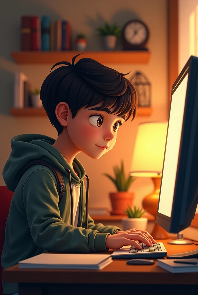 "A young boy wearing a casual jacket is focused on working at a desktop computer. The setting is a cozy room with a desk, a computer monitor, and some office supplies. The boy is intently typing or navigating on the computer, with a look of concentration on his face. The background includes a fe
w personal items like books or a lamp, adding to the work environment."